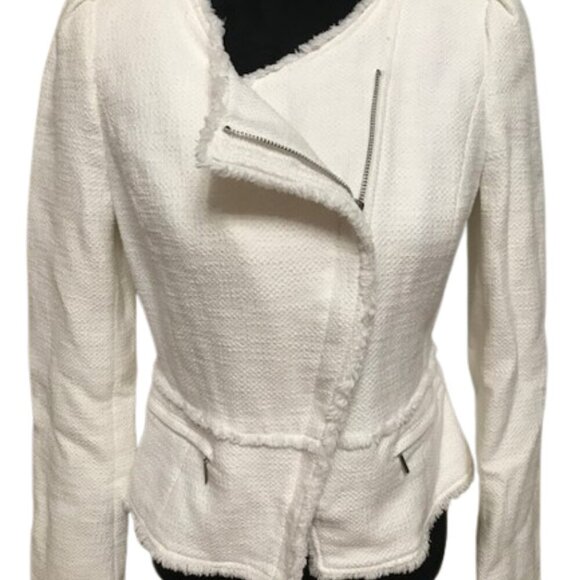 White House Black Market Women's White Tweed round neck Jacket Frayed Edges Sz 6 - Picture 4 of 14